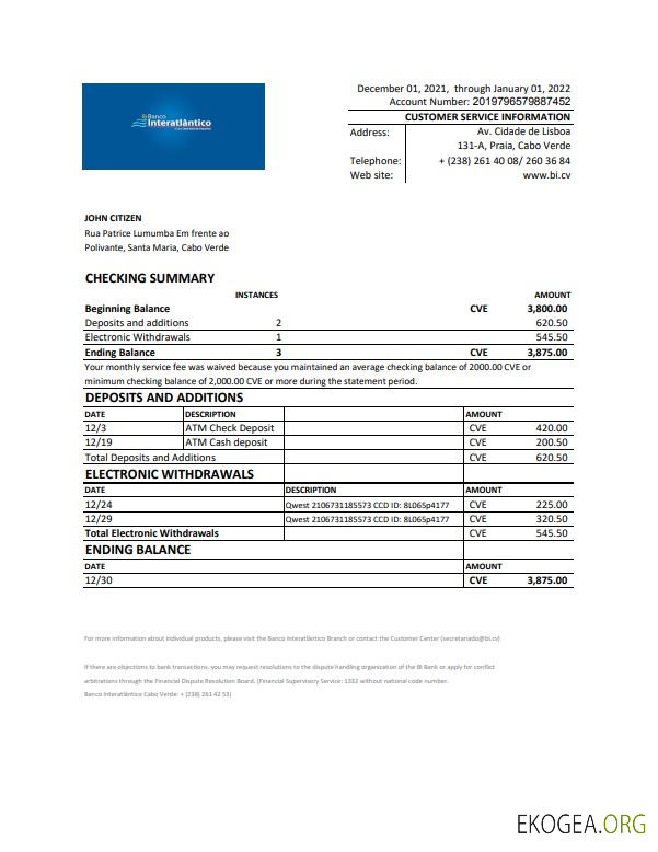Modèle Excel et PDF de relevé bancaire Cabo Verde Banco Inter Atlântico (AutoSum)